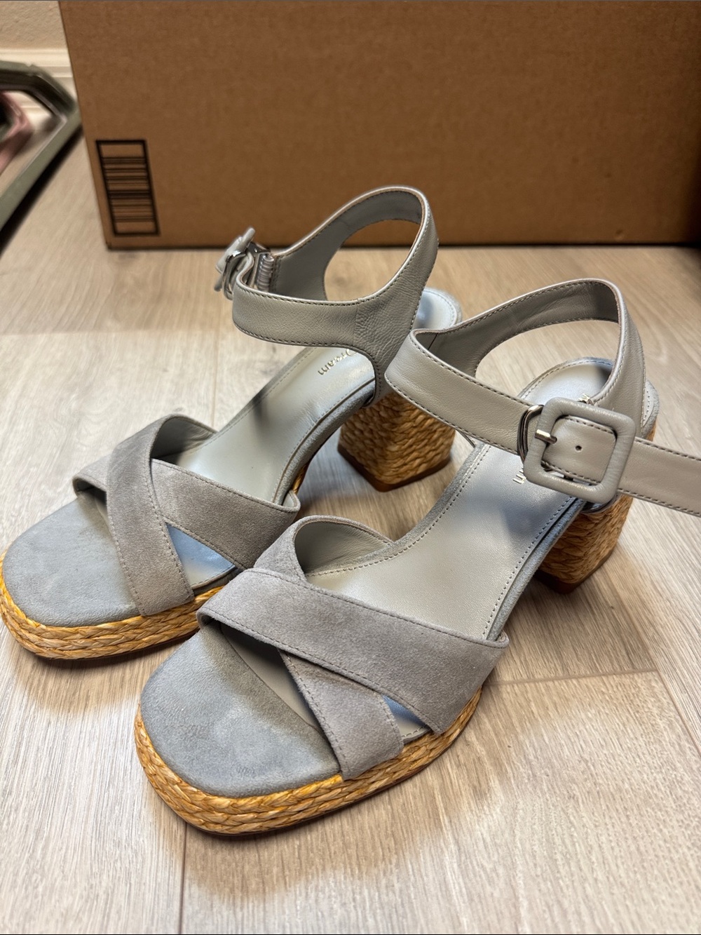 Blue Gray Suede Wedge Sandals with Braided Block Heel